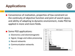 33
Applications
 Convenience of realization, properties of low constraint on
the continuity of objective function and joint of search space,
and ability of adapting to dynamic environment, make PSO be
applied in more and more fields.
 Some PSO applications:
 Electronics and electromagnetic
 Signal, Image and video processing
 Neural networks
 Communication networks
 …
 