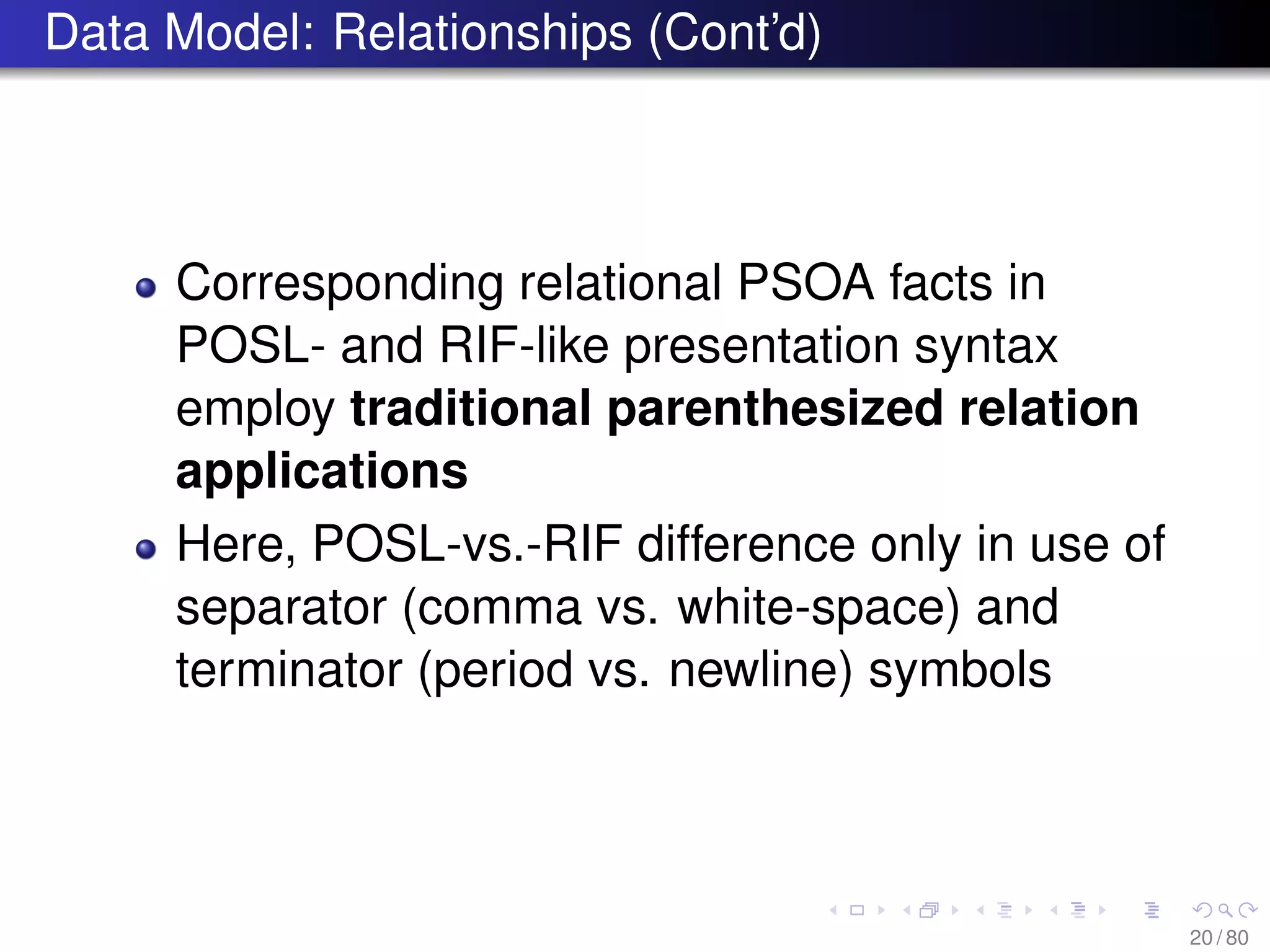 Data Model: Relationships (Cont’d)
Corresponding relational PSOA facts in
POSL- and RIF-like presentation syntax
employ traditional parenthesized relation
applications
Here, POSL-vs.-RIF difference only in use of
separator (comma vs. white-space) and
terminator (period vs. newline) symbols
20 / 80
 