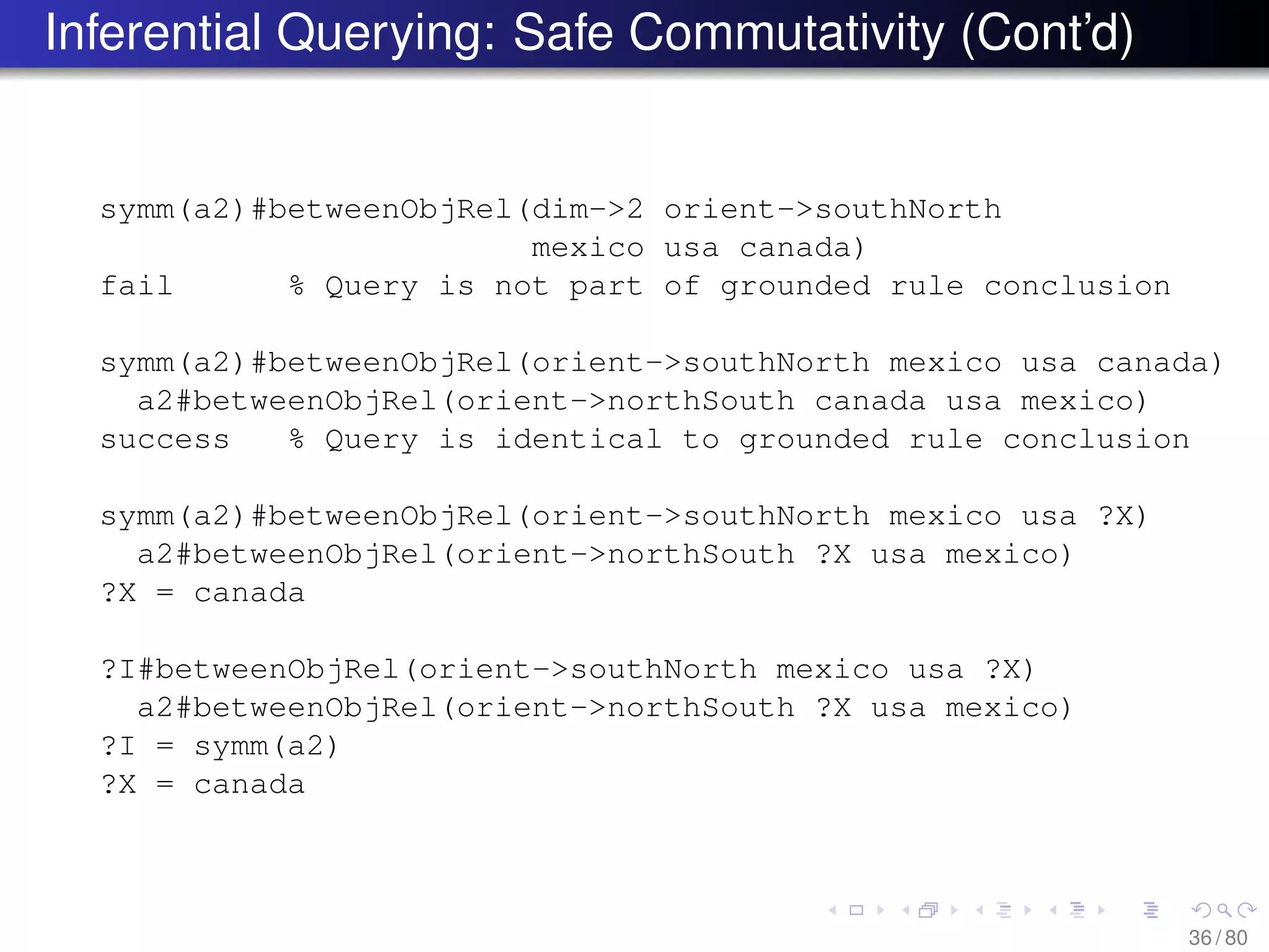 Inferential Querying: Safe Commutativity (Cont’d)
symm(a2)#betweenObjRel(dim->2 orient->southNorth
mexico usa canada)
fail % Query is not part of grounded rule conclusion
symm(a2)#betweenObjRel(orient->southNorth mexico usa canada)
a2#betweenObjRel(orient->northSouth canada usa mexico)
success % Query is identical to grounded rule conclusion
symm(a2)#betweenObjRel(orient->southNorth mexico usa ?X)
a2#betweenObjRel(orient->northSouth ?X usa mexico)
?X = canada
?I#betweenObjRel(orient->southNorth mexico usa ?X)
a2#betweenObjRel(orient->northSouth ?X usa mexico)
?I = symm(a2)
?X = canada
36 / 80
 