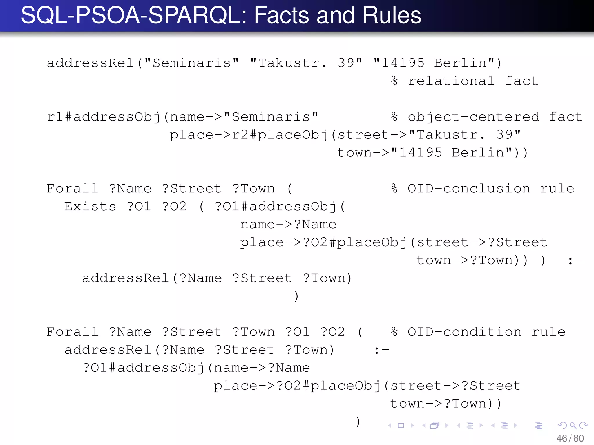 SQL-PSOA-SPARQL: Facts and Rules
addressRel("Seminaris" "Takustr. 39" "14195 Berlin")
% relational fact
r1#addressObj(name->"Seminaris" % object-centered fact
place->r2#placeObj(street->"Takustr. 39"
town->"14195 Berlin"))
Forall ?Name ?Street ?Town ( % OID-conclusion rule
Exists ?O1 ?O2 ( ?O1#addressObj(
name->?Name
place->?O2#placeObj(street->?Street
town->?Town)) ) :-
addressRel(?Name ?Street ?Town)
)
Forall ?Name ?Street ?Town ?O1 ?O2 ( % OID-condition rule
addressRel(?Name ?Street ?Town) :-
?O1#addressObj(name->?Name
place->?O2#placeObj(street->?Street
town->?Town))
)
46 / 80
 