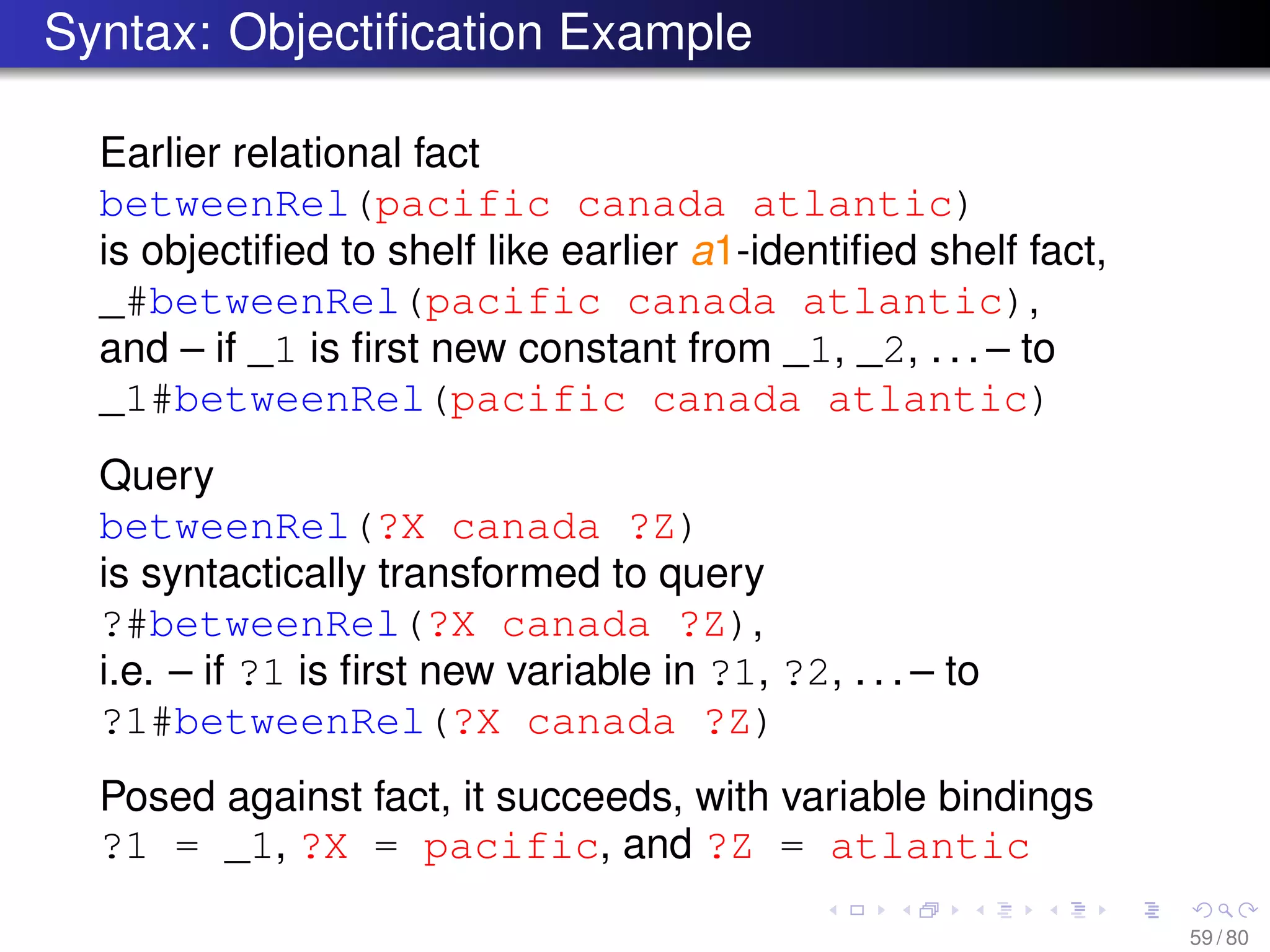 Syntax: Objectiﬁcation Example
Earlier relational fact
betweenRel(pacific canada atlantic)
is objectiﬁed to shelf like earlier a1-identiﬁed shelf fact,
_#betweenRel(pacific canada atlantic),
and – if _1 is ﬁrst new constant from _1, _2, . . . – to
_1#betweenRel(pacific canada atlantic)
Query
betweenRel(?X canada ?Z)
is syntactically transformed to query
?#betweenRel(?X canada ?Z),
i.e. – if ?1 is ﬁrst new variable in ?1, ?2, . . . – to
?1#betweenRel(?X canada ?Z)
Posed against fact, it succeeds, with variable bindings
?1 = _1, ?X = pacific, and ?Z = atlantic
59 / 80
 
