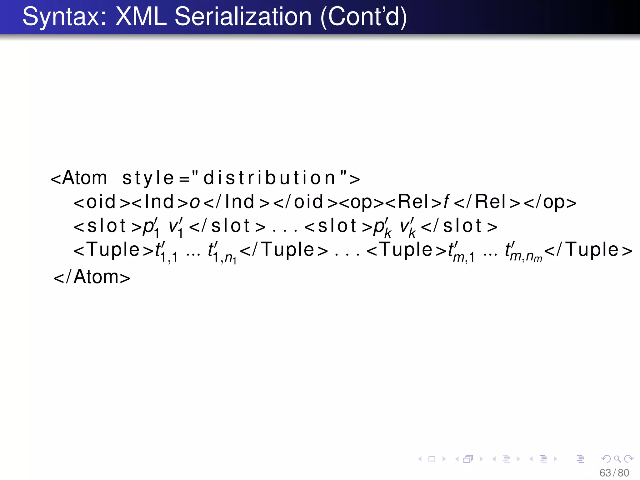Syntax: XML Serialization (Cont’d)
<Atom s t y l e =" d i s t r i b u t i o n ">
<oid ><Ind >o </ Ind ></ oid ><op><Rel>f </Rel ></op>
<slot >p1 v1 </ slot > . . . <slot >pk vk </ slot >
<Tuple>t1,1 ... t1,n1
</ Tuple > . . . <Tuple>tm,1 ... tm,nm
</ Tuple >
</Atom>
63 / 80
 