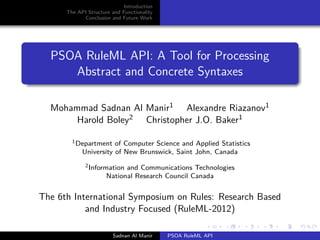 Introduction
      The API Structure and Functionality
            Conclusion and Future Work




  PSOA RuleML API: A Tool for Processing
     Abstract and Concrete Syntaxes

  Mohammad Sadnan Al Manir1 Alexandre Riazanov1
       Harold Boley2 Christopher J.O. Baker1

        1 Department   of Computer Science and Applied Statistics
            University of New Brunswick, Saint John, Canada
             2 Information  and Communications Technologies
                      National Research Council Canada


The 6th International Symposium on Rules: Research Based
           and Industry Focused (RuleML-2012)

                        Sadnan Al Manir     PSOA RuleML API
 