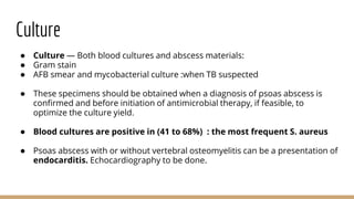 Culture
● Culture — Both blood cultures and abscess materials:
● Gram stain
● AFB smear and mycobacterial culture :when TB suspected
● These specimens should be obtained when a diagnosis of psoas abscess is
confirmed and before initiation of antimicrobial therapy, if feasible, to
optimize the culture yield.
● Blood cultures are positive in (41 to 68%) : the most frequent S. aureus
● Psoas abscess with or without vertebral osteomyelitis can be a presentation of
endocarditis. Echocardiography to be done.
 