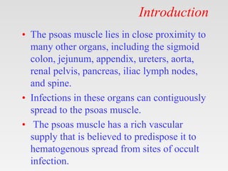 Introduction
• The psoas muscle lies in close proximity to
many other organs, including the sigmoid
colon, jejunum, append...