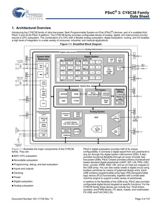 PSoC® 3: CY8C38 Family 
Data Sheet 
1. Architectural Overview 
Introducing the CY8C38 family of ultra low-power, flash Programmable System-on-Chip (PSoC®) devices, part of a scalable 8-bit 
PSoC 3 and 32-bit PSoC 5 platform. The CY8C38 family provides configurable blocks of analog, digital, and interconnect circuitry 
around a CPU subsystem. The combination of a CPU with a flexible analog subsystem, digital subsystem, routing, and I/O enables 
a high level of integration in a wide variety of consumer, industrial, and medical applications. 
Figure 1-1. Simplified Block Diagram 
Analog Interconnect 
Digital System 
Digital Interconnect 
Universal Digital Block Array (24 x UDB) 
16-bit PRS 
UDB 
UDB 
Quadrature Decoder 16-bit 
8-bit SPI 
PWM 
Sequencer 
12-bit SPI 
Logic 
8-bit 
Timer 
UDB UDB UDB 
Logic 
8-bit 
Timer 
UDB 
I 2C Slave 
UDB UDB UDB UDB 
12-bit PWM 
System Bus 
UDB 
UDB 
UDB 
UDB 
UDB UDB 
UDB UDB 
UDB UDB 
UDB UDB 
Memory System CPU System 
UDB 
UDB 
UART 
EEPROM 
EMIF 
LCD Direct 
Drive 
SRAM 
FLASH 
4 x SC/CT Blocks 
(TIA, PGA, Mixer etc) 
Temperature 
Sensor 
CapSense 
System Wide 
Resources 
to 
4 25MHz 
(Optional) 
32.768 KHz 
( Optional) 
1.71 V 
to 
5.5 V 
0.5 to 5.5 V 
( Optional) 
Xtal 
Osc 
IMO 
RTC 
Timer 
Clock Tree 
WDT 
and 
Wake 
ILO 
Clocking System 
Power Management 
System 
POR and 
LVD 
Sleep 
Power 
1.8V LDO 
SMP 
GPIOs GPIOs 
SIOs GPIOs 
Usage Example for UDB 
V 
Figure 1-1 illustrates the major components of the CY8C38 
family. They are: 
 8051 CPU subsystem 
 Nonvolatile subsystem 
 Programming, debug, and test subsystem 
 Inputs and outputs 
 Clocking 
 Power 
 Digital subsystem 
 Analog subsystem 
8051 or 
Cortex M3 CPU 
Interrupt 
Controller 
PHUB 
DMA 
Analog System 
I2C 
Master/ 
Slave 
FS USB 
2.0 
Program & 
Debug 
Program 
Debug & 
Trace 
Boundary 
Scan 
+ 
4 x 
Opamp 
- 
ADC 
1 x 
Del Sig 
ADC 
4 x 
CMP 
+ 
- 
CAN 
2.0 
4 x 
Timer 
Counter 
PWM 
SIO GPIOs 
USB 
PHY 
GPIOs GPIOs GPIOs 
3 per 
Opamp 
22  
PSoC’s digital subsystem provides half of its unique 
configurability. It connects a digital signal from any peripheral to 
any pin through the digital system interconnect (DSI). It also 
provides functional flexibility through an array of small, fast, 
low-power UDBs. PSoC Creator provides a library of prebuilt and 
tested standard digital peripherals (UART, SPI, LIN, PRS, CRC, 
timer, counter, PWM, AND, OR, and so on) that are mapped to 
the UDB array. You can also easily create a digital circuit using 
boolean primitives by means of graphical design entry. Each 
UDB contains programmable array logic (PAL)/programmable 
logic device (PLD) functionality, together with a small state 
machine engine to support a wide variety of peripherals. 
In addition to the flexibility of the UDB array, PSoC also provides 
configurable digital blocks targeted at specific functions. For the 
CY8C38 family these blocks can include four 16-bit timers, 
counters, and PWM blocks; I2C slave, master, and multimaster; 
FS USB; and Full CAN 2.0b. 
Digital 
Filter 
Block 
4 x DAC 
Document Number: 001-11729 Rev. *V Page 3 of 137 
 