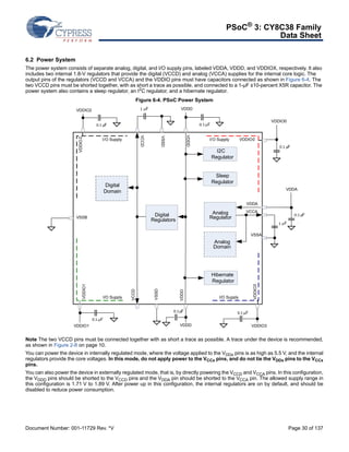 PSoC® 3: CY8C38 Family 
Data Sheet 
6.2 Power System 
The power system consists of separate analog, digital, and I/O supply pins, labeled VDDA, VDDD, and VDDIOX, respectively. It also 
includes two internal 1.8-V regulators that provide the digital (VCCD) and analog (VCCA) supplies for the internal core logic. The 
output pins of the regulators (VCCD and VCCA) and the VDDIO pins must have capacitors connected as shown in Figure 6-4. The 
two VCCD pins must be shorted together, with as short a trace as possible, and connected to a 1-μF ±10-percent X5R capacitor. The 
power system also contains a sleep regulator, an I2C regulator, and a hibernate regulator. 
Figure 6-4. PSoC Power System 
VDDIO2 
VDDIO2 
VSSB 
0.1 μF 
VDDD 
1 μF 
0.1 μF 
I/O Supply I/O Supply 
Digital 
Regulators 
VSSD 
VDDIO1 
VDDIO0 
VDDA 
VCCA 
VSSA 
VDDIO3 
VCCD 
VDDD 
VSSD 
VCCD 
VDDD 
I2C 
Regulator 
Sleep 
Regulator 
Analog 
Regulator 
Analog 
Domain 
Digital 
Domain 
Hibernate 
Regulator 
I/O Supply I/O Supply 
0.1 μF 
. 
VDDIO0 
0.1 μF 
0.1 μF 
0.1μF 
VDDD 
VDDIO1 VDDIO3 
0.1 μF 
VDDA 
1 μF 
Note The two VCCD pins must be connected together with as short a trace as possible. A trace under the device is recommended, 
as shown in Figure 2-8 on page 10. 
You can power the device in internally regulated mode, where the voltage applied to the VDDx pins is as high as 5.5 V, and the internal 
regulators provide the core voltages. In this mode, do not apply power to the VCCx pins, and do not tie the VDDx pins to the VCCx 
pins. 
You can also power the device in externally regulated mode, that is, by directly powering the VCCD and VCCA pins. In this configuration, 
the VDDD pins should be shorted to the VCCD pins and the VDDA pin should be shorted to the VCCA pin. The allowed supply range in 
this configuration is 1.71 V to 1.89 V. After power up in this configuration, the internal regulators are on by default, and should be 
disabled to reduce power consumption. 
Document Number: 001-11729 Rev. *V Page 30 of 137 
 