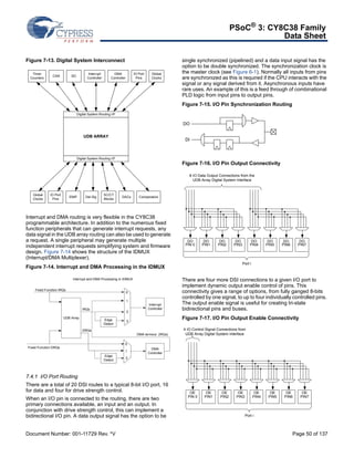 PSoC® 3: CY8C38 Family 
Data Sheet 
Figure 7-13. Digital System Interconnect 
CAN I2C Interrupt 
DMA 
IO Port 
Controller Controller 
Pins 
Digital System Routing I/F 
UDB ARRAY 
Digital System Routing I/F 
Global 
Clocks 
Timer 
Counters 
Global EMIF 
Clocks 
IO Port 
Pins Del-Sig DACs Comparators SC/CT 
Blocks 
Interrupt and DMA routing is very flexible in the CY8C38 
programmable architecture. In addition to the numerous fixed 
function peripherals that can generate interrupt requests, any 
data signal in the UDB array routing can also be used to generate 
a request. A single peripheral may generate multiple 
independent interrupt requests simplifying system and firmware 
design. Figure 7-14 shows the structure of the IDMUX 
(Interrupt/DMA Multiplexer). 
Figure 7-14. Interrupt and DMA Processing in the IDMUX 
Interrupt 
Controller 
DMA termout (IRQs) 
DMA 
Controller 
Fixed Function IRQs 
Interrupt and DMA Processing in IDMUX 
Edge 
Detect 
Edge 
Detect 
IRQs 
UDB Array 
Fixed Function DRQs 
DRQs 
0 
1 
2 
3 
0 
1 
2 
7.4.1 I/O Port Routing 
There are a total of 20 DSI routes to a typical 8-bit I/O port, 16 
for data and four for drive strength control. 
When an I/O pin is connected to the routing, there are two 
primary connections available, an input and an output. In 
conjunction with drive strength control, this can implement a 
bidirectional I/O pin. A data output signal has the option to be 
single synchronized (pipelined) and a data input signal has the 
option to be double synchronized. The synchronization clock is 
the master clock (see Figure 6-1). Normally all inputs from pins 
are synchronized as this is required if the CPU interacts with the 
signal or any signal derived from it. Asynchronous inputs have 
rare uses. An example of this is a feed through of combinational 
PLD logic from input pins to output pins. 
Figure 7-15. I/O Pin Synchronization Routing 
DO 
DI 
Figure 7-16. I/O Pin Output Connectivity 
8 IO Data Output Connections from the 
UDB Array Digital System Interface 
DO 
PIN4 
Port i 
DO 
PIN 0 
DO 
PIN1 
DO 
PIN2 
DO 
PIN3 
DO 
PIN5 
DO 
PIN6 
DO 
PIN7 
There are four more DSI connections to a given I/O port to 
implement dynamic output enable control of pins. This 
connectivity gives a range of options, from fully ganged 8-bits 
controlled by one signal, to up to four individually controlled pins. 
The output enable signal is useful for creating tri-state 
bidirectional pins and buses. 
Figure 7-17. I/O Pin Output Enable Connectivity 
OE 
PIN4 
4 IO Control Signal Connections from 
UDB Array Digital System Interface 
Port i 
OE 
PIN 0 
OE 
PIN1 
OE 
PIN2 
OE 
PIN3 
OE 
PIN5 
OE 
PIN6 
OE 
PIN7 
Document Number: 001-11729 Rev. *V Page 50 of 137 
 
