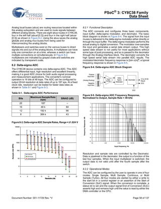 PSoC® 3: CY8C38 Family 
Data Sheet 
Analog local buses (abus) are routing resources located within 
the analog subsystem and are used to route signals between 
different analog blocks. There are eight abus routes in CY8C38, 
four in the left half (abusl [0:3]) and four in the right half (abusr 
[0:3]) as shown in Figure 8-2. Using the abus saves the analog 
globals and analog mux buses from being used for 
interconnecting the analog blocks. 
Multiplexers and switches exist on the various buses to direct 
signals into and out of the analog blocks. A multiplexer can have 
only one connection on at a time, whereas a switch can have 
multiple connections on simultaneously. In Figure 8-2, 
multiplexers are indicated by grayed ovals and switches are 
indicated by transparent ovals. 
8.2 Delta-sigma ADC 
The CY8C38 device contains one delta-sigma ADC. This ADC 
offers differential input, high resolution and excellent linearity, 
making it a good ADC choice for both audio signal processing 
and measurement applications. The converter's nominal 
operation is 16 bits at 48 ksps. The ADC can be configured to 
output 20-bit resolution at data rates of up to 187 sps. At a fixed 
clock rate, resolution can be traded for faster data rates as 
shown in Table 8-1 and Figure 8-3. 
Table 8-1. Delta-sigma ADC Performance 
Bits Maximum Sample Rate 
(sps) SINAD (dB) 
20 187 – 
16 48 k 84 
12 192 k 66 
8 384 k 43 
Figure 8-3. Delta-sigma ADC Sample Rates, Range = ±1.024 V 
8.2.1 Functional Description 
The ADC connects and configures three basic components, 
input buffer, delta-sigma modulator, and decimator. The basic 
block diagram is shown in Figure 8-4. The signal from the input 
muxes is delivered to the delta-sigma modulator either directly or 
through the input buffer. The delta-sigma modulator performs the 
actual analog to digital conversion. The modulator over-samples 
the input and generates a serial data stream output. This high 
speed data stream is not useful for most applications without 
some type of post processing, and so is passed to the decimator 
through the Analog Interface block. The decimator converts the 
high speed serial data stream into parallel ADC results. The 
modulator/decimator frequency response is [(sin x)/x]4; a typical 
frequency response is shown in Figure 8-5. 
Figure 8-4. Delta-sigma ADC Block Diagram 
Delta 
Sigma 
Modulator 
Decimator 12 to 20 Bit 
SOC 
Positive 
Input Mux 
(Analog Routing) 
Negative 
Input Mux 
Input 
Buffer 
Figure 8-5. Delta-sigma ADC Frequency Response, 
Normalized to Output, Sample Rate = 48 kHz 
Result 
EOC 
frequency Response. dB 
0 
-10 
-20 
-30 
-40 
-50 
-60 
-70 
-80 
-90 
-100 
100 1,000 10,000 100,000 1,000,000 
Input Frequency, Hz 
Input frequency, Hz 
Resolution and sample rate are controlled by the Decimator. 
Data is pipelined in the decimator; the output is a function of the 
last four samples. When the input multiplexer is switched, the 
output data is not valid until after the fourth sample after the 
switch. 
8.2.2 Operational Modes 
The ADC can be configured by the user to operate in one of four 
modes: Single Sample, Multi Sample, Continous, or Multi 
Sample (Turbo). All four modes are started by either a write to 
the start bit in a control register or an assertion of the Start of 
Conversion (SoC) signal. When the conversion is complete, a 
status bit is set and the output signal End of Conversion (EoC) 
asserts high and remains high until the value is read by either the 
DMA controller or the CPU. 
1000000 
100000 
10000 
1000 
100 
10 
1 
Continuous 
Multi-Sample 
Multi-SampleTurbo 
6 8 10 12 14 16 18 20 22 
Resolution, bits 
Sample rate SPS) 
Document Number: 001-11729 Rev. *V Page 58 of 137 
 