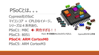 PSoCとは。。。
Cypress社のSoC
マイコンコア ＋ CPLDなイメージ。
シリーズは４系列あり。
PSoC1: M8C  異色すぎる！！
PSoC3: 8051
PSoC4: ARM CortexM0
PSoC5: ARM CortexM3
CypressのHPから拝借PSoC1  高機能PAL/GALみたいなもん
 