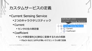カスタムサービスの定義
PSoC4 BLEで作る簡単無線センサーユニット 2016/9/17 24
カスタムサービス
(Current Sensing Service)
•Current Sensing Service
• 2つのキャラクタリスティック
• Current
• センサの生の測定値
• Coefficient
• センサ測定値を[A]単位に変換するための係数
• PSoC4 BLEにはFPUが無いのでセントラル側で変換
 