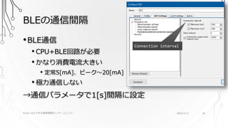 BLEの通信間隔
PSoC4 BLEで作る簡単無線センサーユニット 2016/9/17 28
•BLE通信
• CPU+BLE回路が必要
• かなり消費電流大きい
• 定常5[mA]、ピーク～20[mA]
• 極力通信しない
→通信パラメータで1[s]間隔に設定
Connection interval
 