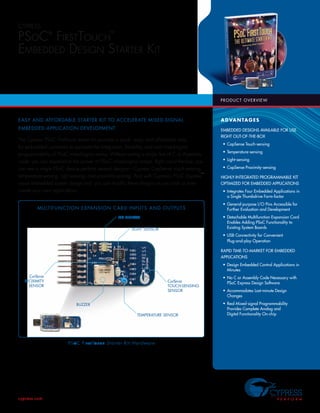 CyPRESS

PSoC FirSttouCh
                                                 ™
                ®



EmbEddEd dESign StartEr Kit


                                                                                                p r o d u c t o vE rvi E w



Easy and affordablE startEr Kit to accElEratE MixEd -signal                                     A D VA N TA G E S
EMbEddEd application dEvElopMEnt                                                                EmbEddEd dEsigns AvAilAblE for UsE
                                                                                                right oUt-of-thE-box
The Cypress PSoC FirstTouch starter kit provides a quick, easy, and affordable way
                                                                                                 • Capsense touch-sensing
for embedded customers to evaluate the integration, flexibility, and real mixed-signal
                                                                                                 • temperature-sensing
programmability of PSoC mixed-signal arrays. Without writing a single line of C or Assembly
                                                                                                 • light-sensing
code, you can experience the power of PSoC mixed-signal arrays. Right out-of-the-box, you
                                                                                                 • Capsense Proximity-sensing
can see a single PSoC device perform several designs—Cypress CapSense touch-sensing,
                                                                                           ™
temperature-sensing, light-sensing, and proximity-sensing. And with Cypress’s PSoC Express      highly-intEgrAtEd ProgrAmmAblE Kit
visual embedded system design tool, you can modify these designs as you wish or even            oPtimizEd for EmbEddEd APPliCAtions
create your own applications.                                                                    • integrates four Embedded Applications in
                                                                                                   a single thumbdrive form-factor
                                                                                                 • general-purpose i/o Pins Accessible for
         M u lt ifu n c t i o n E x pa n s i o n c a rd inputs and outputs                         further Evaluation and development
                                                                                                 • detachable multifunction Expansion Card
                                                      lEd displays
                                                                                                   Enables Adding PsoC functionality to
                                                                                                   Existing system boards
                                                               ligHt sEnsor
                                                                                                 • Usb Connectivity for Convenient
                                                                                                   Plug-and-play operation

                                                                                                rAPid timE-to-mArKEt for EmbEddEd
                                                                                                APPliCAtions
                                                                                                 • design Embedded Control Applications in
                                                                                                   minutes
     Capsense                                                                                    • no C or Assembly Code necessary with
   proxiMity                                                                    Capsense           PsoC Express design software
     sEnsor                                                                     toucH-sEnsing
                                                                                sEnsor           • Accommodates last-minute design
                                                                                                   Changes
                                                                                                 • real mixed-signal Programmability
                             buZZEr
                                                                                                   Provides Complete Analog and
                                                                                                   digital functionality on-chip
                                                                  tEMpEraturE sEnsor




                        psoc fi r s t to u c h s tar ter K it H a r d w a r e




cypress.com

                                                                                                                                        [+] Feedback
 