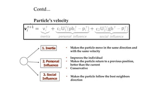 Contd…
Particle’s velocity
:
1. Inertia
2. Personal
Influence
3. Social
Influence
• Makes the particle move in the same direction and
with the same velocity
• Improves the individual
• Makes the particle return to a previous position,
better than the current
• Conservative
• Makes the particle follow the best neighbors
direction
 
