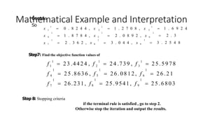 Mathematical Example and Interpretation
Contd..
So 1
3
1
2
1
1
 3 . 2 5 4 8
 1 . 6 9 2 4
 2 . 3
1
 3 . 0 4 4 , x 9
1
 2 . 3 6 2 , x 8
1
 2 . 0 8 9 2 , x 6
1 1
x 4  1 . 8 7 8 4 , x 5
1
x 7
 1 . 2 7 0 8 , x
 0 . 8 2 4 4 , x
x
Step7: Find the objective function values of
1
3
1 1
1 2  2 5 . 5 9 7 8
1 1
 26.231, f 8  25.9541, f 9  2 5 . 6 8 0 3
1
 2 6 . 0 8 1 2 , f 6  2 6 . 2 1
1 1
f 4  2 5 .8 6 3 6 , f 5
1
f 7
 2 4 .7 3 9 , f
 2 3 .4 4 2 4 , f
f
Step 8: Stopping criteria
if the terminal rule is satisfied , go to step 2.
Otherwise stop the iteration and output the results.
 