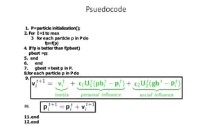 Psuedocode
1. P=particle initialization();
2. For I=1to max
3 for each particle p in P do
fp=f(p)
4. Iffp is better than f(pbest)
pbest =p;
5. end
6. end
7. gbest =best p in P.
8.for each particle p in P do
9.
10.
11.end
12.end
 