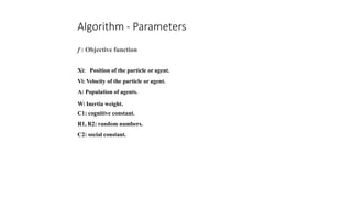 Algorithm - Parameters
f : Objective function
Xi: Position of the particle or agent.
Vi: Velocity of the particle or agent.
A: Population of agents.
W: Inertia weight.
C1: cognitive constant.
R1, R2: random numbers.
C2: social constant.
 