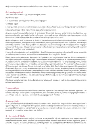 10
Nel frattempo quest’estate sono andato al mare e sto pensando di ricominciare la piscina.
6 - La mia psoriasi
Tutto ebbe inizio all’età di 14/15 anni, i primi effetti furono:
Prurito sulla testa
Con l’avanzare dei giorni si formava della presunta forfora
Caduta dei capelli
Einvaripuntidelcorposimanifestavanoescoriazioniecrosticinecheportavanopruritoequindilapresenzadiferite
Sulle unghie dei piedi e delle mani si formò la cosi chiamata onicomicosi
Nei primi periodi notando la formazione di forfora usai del normale shampoo antiforfora ma con il continuo uso
aumentava il prurito spostandosi anche in altre zone provocando sempre più pizzicore, con la conseguenza della
caduta dei capelli e la formazione di crosticine all’interno del padiglione auricolare.
Notando l’avanzare della malattia decisi di andare da uno specialista che mi prescrisse vari prodotti, ma non ebbi
nessunmiglioramento,allorafissaiunappuntamentodaunaltrospecialistamailrisultatofuidentico,nelfrattempo
lamalattiaavanzavaenotaichesispostavasututtoilcorpoprovocandomideglistatiumoralipessimiconvergogna
neiconfrontidegliamiciedelledonne,mivergognavoadandarealmareinpiscinainsommaintuttiipostifrequentati
dalla gente perché ero osservato da tutti.
IlmiomedicodifamigliaalloramiconsigliòilDott...fissaiilprimoappuntamentoenellavisitamidescrisselamalattia
facendomi capire che non era trasmissibile come mi avevano descritto gli altri dottori.
Per i primi periodi mi prescrisse il Sandimium con il quale ebbi i vari miglioramenti (cioè la scomparsa delle ferite e
croste) ma non definitivi perché comunque c’era la presenza di macchie sulla pelle. In un secondo momento il dottor...
mi propose un nuovo farmaco che sarebbe l’ENBREL descrivendomi il farmaco e la terapia da seguire ma prima di
farmi assumere questo farmaco mi fece fare i vari controlli per poi iniziare la cura. Per il primo anno il dosaggio era
di 50 mg due volte a settimana. Con questa terapia notai subito dei brillanti miglioramenti e cosi il dottore decise di
dimezzare il dosaggio a 25 mg sempre due volte a settimana con un risultato sempre migliore con la conseguenza
di un miglioramento anche nell’ambito personale infatti ripresi immediatamente a uscire con gli amici e a parlare di
nuovo con le donne ricominciai anche ad andare di nuovo in palestra e portare avanti gli sport che ho sempre amato.
Grazie alla bravura del dottor... e alla realizzazione di questo farmaco (ENBREL) ad oggi vivo finalmente una vita più
tranquilla senza più vergogna.
P.S. Alla cortese attenzione del dottor... La volevo ringraziare per le cure cui mi avete sottoposto e al miglioramento
cui sono andato incontro.
7 - senza titolo
La prima volta che ho avuto la psoriasi avevo 6 anni. Non sapevo che cosa avevo, poi sono andato in ospedale e lì mi
hanno curato. Dopo circa 8-9 anni è ricomparsa lieve, poi è aumentata, avevo un pochino di vergogna, però ti abitui e
non ci fai più caso, fino a quando è aumentata di nuovo, peggiorando il fastidio
8- senza titolo
La mi storia della psoriasi è iniziata a 17 anni a causa dello stress, nervoso etc, poi pure a causa della separazione è
apparsadipiù.Poimihannoparlatodell’ospedale...esonovenutaaprovareemistotrovandobeneconquestecuree
nesonosoddisfatta,almenooranonhopiùvergognadiuscireamanichecorteoalmare,inveceprimainpienaestate
andavo in giro in maniche lunghe, invece ora sto bene.
9 – La storia di Giulia
I miei gomiti non sono mai stati perfetti, così come le mie ginocchia e le mie unghie, mai lisce. Abbondavo con le
creme idratanti e tiravo avanti. A 19 anni, subito dopo l’esame di maturità, la situazione divenne ingestibile, gomiti e
ginocchia ricoperte da squame, arrossati, a guardarli pensavo che quella pelle così brutta non fosse nemmeno mia.
 