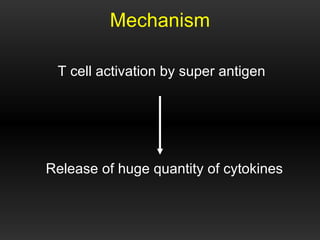 Mechanism  <ul><li>T cell activation by super antigen  </li></ul><ul><li>Release of huge quantity of cytokines  </li></ul>
