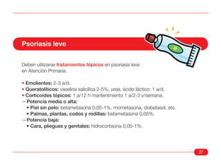Psoriasis leve

Deben utilizarse tratamientos tópicos en psoriasis leve
en Atención Primaria:

• Emolientes: 2-3 a/d.
• Queratolíticos: vaselina salicílica 2-5%, urea, ácido láctico: 1 a/d.
• Corticoides tópicos: 1 a/12 h mantenimiento 1 a/2-3 v/semana.
—Potencia media o alta:
  • Piel sin pelo: betametasona 0,05-1%, mometasona, clobetasol, etc.
  • Palmas, plantas, codos y rodillas: betametasona 0,05%.
—Potencia baja:
  • Cara, pliegues y genitales: hidrocortisona 0,05-1%.




                                                                          27
 