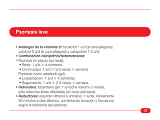 Psoriasis leve

• Análogos de la vitamina D: tacalcitol 1 a/d (si cara-pliegues),
  calcitriol 2 a/d (si cara-pliegues) y calcipotriol 1-2 a/d.
• Combinación calcipotriol/betametasona:
– Psoriasis en placas (pomada):
  • Brote: 1 a/d 3 4 semanas.
  • Continuidad: 1 a/d 3 2-3 veces 3 semana.
– Psoriasis cuero cabelludo (gel):
  • Exacerbación: 1 a/d 3 4 semanas.
  • Seguimiento: 1 a/d 3 2-3 veces 3 semana.
• Retinoides: tazaroteno gel: 1 a/noche máximo 3 meses,
  sólo sobre las áreas afectadas (no tocar piel sana).
• Reductores: alquitrán ditranol o antralina: 1 a/día, inicialmente
  30 minutos a días alternos, aumentando duración y frecuencia
  según la tolerancia del paciente.
                                                                      28
 