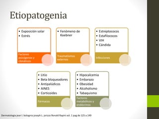 Etiopatogenia
• Exposición solar
• Estrés
Factores
psicógenos y
climáticos
• Fenómeno de
Koebner
Traumatismos
externos
• Estreptococos
• Estafilococos
• VIH
• Cándida
Infecciones
• Litio
• Beta bloqueadores
• Antipalúdicos
• AINES
• Corticoides
Fármacos
• Hipocalcemia
• Embarazo
• Obesidad
• Alcoholismo
• Tabaquismo
Factores
metabólicos y
endócrinos
Dermatologia jean l. bolognia joseph L. jorizzo Ronald Rapini vol. 1 pag de 125 a 149
 