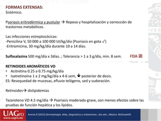 FORMAS EXTENSAS:
Sistémico.
Psoriasis eritrodérmica y pustular  Reposo y hospitalización y corrección de
trastornos metabólicos.
Las infecciones estreptocócicas:
-Penicilina V, 50 000 a 100 000 UI/kg/día (Psoriasis en gota ✓)
-Eritromicina, 30 mg/kg/día durante 10 a 14 días.
Sulfasalazina 500 mg/día x 3días. ; Tolerancia > 1 a 3 g/día, min. 8 sem. FDA 
RETINOIDES AROMÁTICOS VO
• Acitretina 0.25 a 0.75 mg/kg/día
• Isotretinoína 1 a 2 mg/kg/día x 4-6 sem,  posterior de dosis.
ES: Resequedad de mucosas, efluvio telógeno, sed y sudoración.
Retinoides dislipidemias
Tazaroteno VO 4.5 mg/día  Psoriasis moderada-grave, con menos efectos sobre las
pruebas de función hepática y los lípidos.
Arenas R (2015) Dermatología. Atlas, diagnóstico y tratamiento., 6ta edn., México: McGrawHill.
 