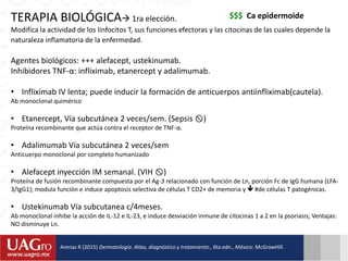 TERAPIA BIOLÓGICA 1ra elección.
Modifica la actividad de los linfocitos T, sus funciones efectoras y las citocinas de las cuales depende la
naturaleza inflamatoria de la enfermedad.
Agentes biológicos: +++ alefacept, ustekinumab.
Inhibidores TNF-α: infliximab, etanercept y adalimumab.
• Infliximab IV lenta; puede inducir la formación de anticuerpos antiinfliximab(cautela).
Ab monoclonal quimérico
• Etanercept, Vía subcutánea 2 veces/sem. (Sepsis )
Proteína recombinante que actúa contra el receptor de TNF-α.
• Adalimumab Vía subcutánea 2 veces/sem
Anticuerpo monoclonal por completo humanizado
• Alefacept inyección IM semanal. (VIH )
Proteína de fusión recombinante compuesta por el Ag-3 relacionado con función de Ln, porción Fc de IgG humana (LFA-
3/IgG1); modula función e induce apoptosis selectiva de células T CD2+ de memoria y  #de células T patogénicas.
• Ustekinumab Vía subcutanea c/4meses.
Ab monoclonal inhibe la acción de IL-12 e IL-23, e induce desviación inmune de citocinas 1 a 2 en la psoriasis; Ventajas:
NO disminuye Ln.
$$$ Ca epidermoide
Arenas R (2015) Dermatología. Atlas, diagnóstico y tratamiento., 6ta edn., México: McGrawHill.
 