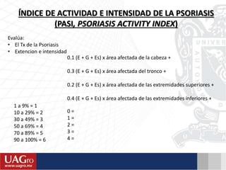 ÍNDICE DE ACTIVIDAD E INTENSIDAD DE LA PSORIASIS
(PASI, PSORIASIS ACTIVITY INDEX)
Evalúa:
• El Tx de la Psoriasis
• Extencion e intensidad
0.1 (E + G + Es) x área afectada de la cabeza +
0.3 (E + G + Es) x área afectada del tronco +
0.2 (E + G + Es) x área afectada de las extremidades superiores +
0.4 (E + G + Es) x área afectada de las extremidades inferiores +
1 a 9% = 1
10 a 29% = 2
30 a 49% = 3
50 a 69% = 4
70 a 89% = 5
90 a 100% = 6
0 =
1 =
2 =
3 =
4 =
 