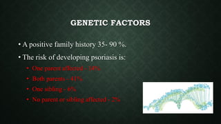 GENETIC FACTORS
• A positive family history 35- 90 %.
• The risk of developing psoriasis is:
• One parent affected - 14%
• Both parents - 41%
• One sibling - 6%
• No parent or sibling affected - 2%
 