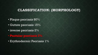 CLASSIFICATION: (MORPHOLOGY)
• Plaque psoriasis 80%
• Guttate psoriasis 15%
• inverse psoriasis 2%
• Pustular psoriasis 2%
• Erythrodermic Psoriasis 1%
 