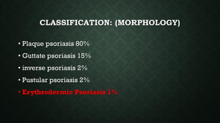 CLASSIFICATION: (MORPHOLOGY)
• Plaque psoriasis 80%
• Guttate psoriasis 15%
• inverse psoriasis 2%
• Pustular psoriasis 2%
• Erythrodermic Psoriasis 1%
 