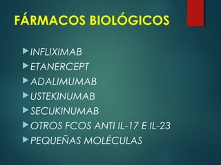 FÁRMACOS BIOLÓGICOS
INFLIXIMAB
ETANERCEPT
ADALIMUMAB
USTEKINUMAB
SECUKINUMAB
OTROS FCOS ANTI IL-17 E IL-23
PEQUEÑAS MOLÉCULAS
 