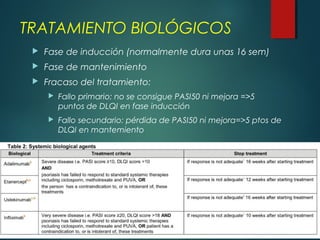 TRATAMIENTO BIOLÓGICOS
 Fase de inducción (normalmente dura unas 16 sem)
 Fase de mantenimiento
 Fracaso del tratamiento:
 Fallo primario: no se consigue PASI50 ni mejora =>5
puntos de DLQI en fase inducción
 Fallo secundario: pérdida de PASI50 ni mejora=>5 ptos de
DLQI en mantemiento
 