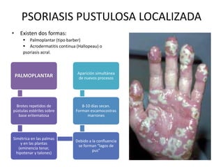 PSORIASIS PUSTULOSA LOCALIZADA 
• Existen dos formas: 
 Palmoplantar (tipo barber) 
 Acrodermatitis continua (Hallopeau) o 
psoriasis acral. 
PALMOPLANTAR 
Brotes repetidos de 
pústulas estériles sobre 
base eritematosa 
Simétrica en las palmas 
y en las plantas 
(eminencia tenar, 
hipotenar y talones) 
Aparición simultánea 
de nuevos procesos 
8-10 días secan. 
Forman escamocostras 
marrones 
Debido a la confluencia 
se forman “lagos de 
pus” 
 