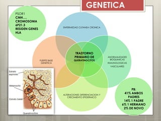 GENETICA
ENFERMEDAD CUTANEA CRONICA
ANORMALIDADES
BIOQUIMICAS
INMUNOLOGICAS
VASCULARES
ALTERACIONES DIFERENCIACION Y
CRECIMIENTO EPIDERMICO
FUERTE BASE
GENETICA
TRASTORNO
PRIMARIO DE
QUERATINOCITOS
PB:
41% AMBOS
PADRES
14% 1 PADRE
6% 1 HERMANO
2% DE NOVO
PSOR1
CMH….
CROMOSOMA
6P21.3
RESIDEN GENES
HLA
 