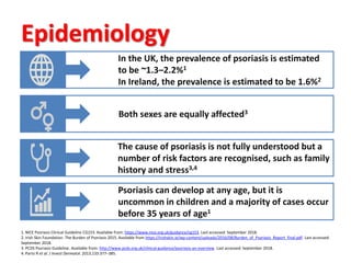 Epidemiology
In the UK, the prevalence of psoriasis is estimated
to be ~1.3–2.2%1
In Ireland, the prevalence is estimated to be 1.6%2
The cause of psoriasis is not fully understood but a
number of risk factors are recognised, such as family
history and stress3,4
Psoriasis can develop at any age, but it is
uncommon in children and a majority of cases occur
before 35 years of age1
Both sexes are equally affected3
1. NICE Psoriasis Clinical Guideline CG153. Available from: https://www.nice.org.uk/guidance/cg153. Last accessed: September 2018.
2. Irish Skin Foundation. The Burden of Psoriasis 2015. Available from https://irishskin.ie/wp-content/uploads/2016/08/Burden_of_Psoriasis_Report_final.pdf. Last accessed:
September 2018.
3. PCDS Psoriasis Guideline. Available from: http://www.pcds.org.uk/clinical-guidance/psoriasis-an-overview. Last accessed: September 2018.
4. Parisi R et al. J Invest Dermatol. 2013;133:377–385.
 