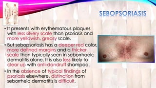• It presents with erythematous plaques 
with less silvery scale than psoriasis and 
more yellowish, greasy scale. 
• But sebopsoriasis has a deeper red color, 
more defined margins and a thicker 
scale than typically seen in seborrhoeic 
dermatitis alone. It is also less likely to 
clear up with anti-dandruff shampoo. 
• In the absence of typical findings of 
psoriasis elsewhere, distinction from 
seborrheic dermatitis is difficult. 
 