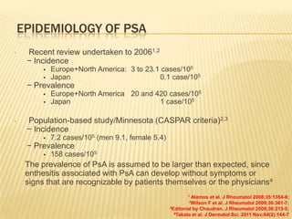 EPIDEMIOLOGY OF PSA
•

Recent review undertaken to 20061,2
− Incidence



Europe+North America: 3 to 23.1 cases/105
Japan
0.1 case/105

− Prevalence



•

Europe+North America 20 and 420 cases/105
Japan
1 case/105

Population-based study/Minnesota (CASPAR criteria)2,3
− Incidence


7.2 cases/105 (men 9.1, female 5.4)

− Prevalence


158 cases/105

The prevalence of PsA is assumed to be larger than expected, since
enthesitis associated with PsA can develop without symptoms or
signs that are recognizable by patients themselves or the physicians4
1

Alamos et al. J Rheumatol 2008;35:1354-8;
F et al. J Rheumatol 2009;36:361-7;
3Editorial by Chaudran. J Rheumatol 2009;36:213-5;
4Takata et al. J Dermatol Sci. 2011 Nov;64(2):144-7
2Wilson

 