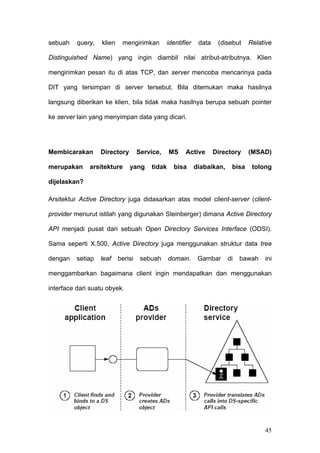 sebuah    query,   klien    mengirimkan        identifier    data    (disebut    Relative

Distinguished Name) yang ingin diambil nilai atribut-atributnya. Klien

mengirimkan pesan itu di atas TCP, dan server mencoba mencarinya pada

DIT yang tersimpan di server tersebut. Bila ditemukan maka hasilnya

langsung diberikan ke klien, bila tidak maka hasilnya berupa sebuah pointer

ke server lain yang menyimpan data yang dicari.




Membicarakan       Directory        Service,    MS    Active        Directory    (MSAD)

merupakan     arsitekture      yang     tidak    bisa       diabaikan,    bisa    tolong

dijelaskan?

Arsitektur Active Directory juga didasarkan atas model client-server (client-

provider menurut istilah yang digunakan Steinberger) dimana Active Directory

API menjadi pusat dari sebuah Open Directory Services Interface (ODSI).

Sama seperti X.500, Active Directory juga menggunakan struktur data tree

dengan    setiap   leaf    berisi    sebuah     domain.      Gambar      di   bawah   ini

menggambarkan bagaimana client ingin mendapatkan dan menggunakan

interface dari suatu obyek.




                                                                                      45
 