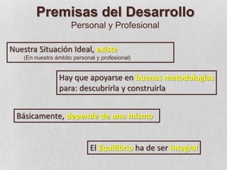 Premisas del Desarrollo Personal y ProfesionalNuestra Situación Ideal, existe (En nuestro ámbito personal y profesional)Hay que apoyarse en buenas metodologíaspara: descubrirla y construirlaBásicamente, depende de uno mismoElEquilibrioha de ser integral