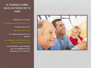 EL TRABAJO CUBRE SOLO UN TERCIO DE TU VIDAJubilación a la vistaDos tercios valen más que unoTrabaja para vivirFomenta la amistadTu mejor patrimonio: la familiaEl trabajo es muy importante pero la familia es másLos alcohólicos del trabajo son un problema en la empresa y en la familia