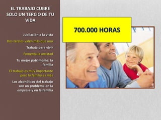 EL TRABAJO CUBRE SOLO UN TERCIO DE TU VIDA700.000 HORASJubilación a la vistaDos tercios valen más que unoTrabaja para vivirFomenta la amistadTu mejor patrimonio: la familiaEl trabajo es muy importante pero la familia es másLos alcohólicos del trabajo son un problema en la empresa y en la familia