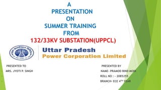 A
PRESENTATION
ON
SUMMER TRAINING
FROM
132/33KV SUBSTATION(UPPCL)
PRESENTED TO PRESENTED BY
 MRS. JYOTI P. SINGH NAME- PRAMOD BIND MODI
 ROLL NO : - 2085255
 BRANCH- ECE 4TH YEAR
 