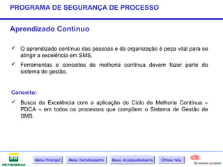 PROGRAMA DE SEGURANÇA DE PROCESSO


Aprendizado Contínuo

 O aprendizado contínuo das pessoas e da organização é peça vital para se
  atingir a excelência em SMS.
 Ferramentas e conceitos de melhoria contínua devem fazer parte do
  sistema de gestão.


Conceito:
 Busca da Excelência com a aplicação do Ciclo de Melhoria Contínua –
  PDCA – em todos os processos que compõem o Sistema de Gestão de
  SMS.




        Menu Principal   Menu Detalhamento   Menu Acompanhamento   Última tela
 