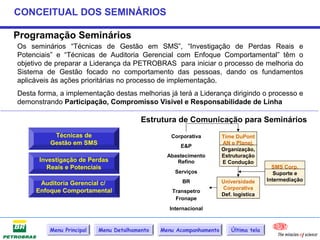 CONCEITUAL DOS SEMINÁRIOS

Programação Seminários
Os seminários “Técnicas de Gestão em SMS”, “Investigação de Perdas Reais e
Potenciais” e “Técnicas de Auditoria Gerencial com Enfoque Comportamental” têm o
objetivo de preparar a Liderança da PETROBRAS para iniciar o processo de melhoria do
Sistema de Gestão focado no comportamento das pessoas, dando os fundamentos
aplicáveis às ações prioritárias no processo de implementação.
Desta forma, a implementação destas melhorias já terá a Liderança dirigindo o processo e
demonstrando Participação, Compromisso Visível e Responsabilidade de Linha

                                         Estrutura de Comunicação para Seminários
           Técnicas de                            Corporativa        Time DuPont
          Gestão em SMS                              E&P
                                                                     AN e Planej.
                                                                     Organização,
                                                 Abastecimento       Estruturação
      Investigação de Perdas                        Refino           E Condução
        Reais e Potenciais                                                               SMS Corp.
                                                   Serviços                               Suporte e
                                                      BR             Universidade      Intermediação
      Auditoria Gerencial c/
                                                                     Corporativa
     Enfoque Comportamental                       Transpetro
                                                                     Def. logística
                                                   Fronape
                                                 Internacional



          Menu Principal   Menu Detalhamento   Menu Acompanhamento       Última tela
 