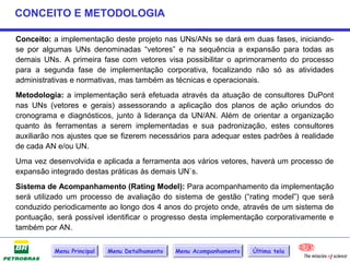 CONCEITO E METODOLOGIA

Conceito: a implementação deste projeto nas UNs/ANs se dará em duas fases, iniciando-
se por algumas UNs denominadas “vetores” e na sequência a expansão para todas as
demais UNs. A primeira fase com vetores visa possibilitar o aprimoramento do processo
para a segunda fase de implementação corporativa, focalizando não só as atividades
administrativas e normativas, mas também as técnicas e operacionais.
Metodologia: a implementação será efetuada através da atuação de consultores DuPont
nas UNs (vetores e gerais) assessorando a aplicação dos planos de ação oriundos do
cronograma e diagnósticos, junto à liderança da UN/AN. Além de orientar a organização
quanto às ferramentas a serem implementadas e sua padronização, estes consultores
auxiliarão nos ajustes que se fizerem necessários para adequar estes padrões à realidade
de cada AN e/ou UN.
Uma vez desenvolvida e aplicada a ferramenta aos vários vetores, haverá um processo de
expansão integrado destas práticas às demais UN`s.
Sistema de Acompanhamento (Rating Model): Para acompanhamento da implementação
será utilizado um processo de avaliação do sistema de gestão (“rating model”) que será
conduzido periodicamente ao longo dos 4 anos do projeto onde, através de um sistema de
pontuação, será possível identificar o progresso desta implementação corporativamente e
também por AN.

          Menu Principal   Menu Detalhamento   Menu Acompanhamento   Última tela
 