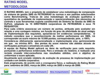 RATING MODEL
METODOLOGIA
O RATING MODEL tem o propósito de estabelecer uma metodologia de comparação
do sistema de gestão SMS da PETROBRAS às normas e aos padrões selecionados
como Benchmarking. Trata-se de uma metodologia de avaliação qualitativa e
quantitativa da qualidade da implementação e operacionalização dos elementos de
controle e suas ferramentas suporte constituintes do Sistema de Gestão de SMS da
DuPont, adaptada às 15 DIRETRIZES corporativas da PETROBRAS e seus 79
REQUISITOS.
Para cada critério associa-se um número de pontos, atribuído pelo avaliador em
relação a uma contagem máxima, em função do grau de efetividade do atual estágio
de implementação dos requisitos, apoiando-se em evidências comprobatórias. O
método considera que o reconhecimento da melhor performance em SMS, irá
corresponder ao score máximo de 10.000 pontos, correspondendo, pois, a 100%.
Considera-se efetivamente operacionalizada a implementação e/ou aprimoramento
em que no mínimo 80% dos pontos do score máximo são obtidos através de
verificações pontuais e amostrais em cada UN.
A equipe do Rating Model aplicará os itens de verificação para cada requisito,
pontuando a performance evidenciada. Para a emissão do relatório, é realizada uma
revisão cruzada inter-consultores nos resultados obtidos, com o objetivo de
uniformizar o score aplicado.
Anualmente será enviado relatório de evolução do processo de implementação por
unidade e em âmbito corporativo.
Está programada, de acordo com o cronograma físico, a realização do Rating Model
para: setembro de 2003, março de 2004, março de 2005 e março de 2006.

          Menu Principal   Menu Detalhamento   Menu Acompanhamento   Última tela
 