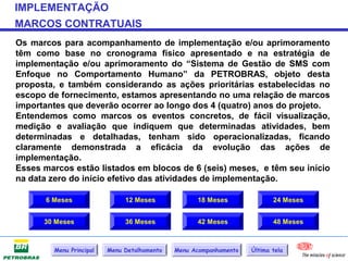IMPLEMENTAÇÃO
MARCOS CONTRATUAIS
Os marcos para acompanhamento de implementação e/ou aprimoramento
têm como base no cronograma físico apresentado e na estratégia de
implementação e/ou aprimoramento do “Sistema de Gestão de SMS com
Enfoque no Comportamento Humano” da PETROBRAS, objeto desta
proposta, e também considerando as ações prioritárias estabelecidas no
escopo de fornecimento, estamos apresentando no uma relação de marcos
importantes que deverão ocorrer ao longo dos 4 (quatro) anos do projeto.
Entendemos como marcos os eventos concretos, de fácil visualização,
medição e avaliação que indiquem que determinadas atividades, bem
determinadas e detalhadas, tenham sido operacionalizadas, ficando
claramente demonstrada a eficácia da evolução das ações de
implementação.
Esses marcos estão listados em blocos de 6 (seis) meses, e têm seu início
na data zero do início efetivo das atividades de implementação.

       6 Meses                 12 Meses             18 Meses               24 Meses


      30 Meses                 36 Meses             42 Meses               48 Meses



         Menu Principal   Menu Detalhamento   Menu Acompanhamento   Última tela
 