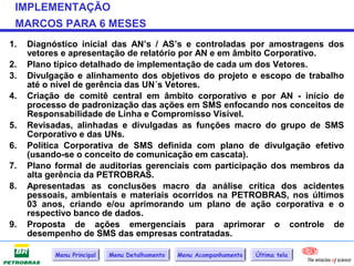 IMPLEMENTAÇÃO
 MARCOS PARA 6 MESES
1.   Diagnóstico inicial das AN’s / AS’s e controladas por amostragens dos
     vetores e apresentação de relatório por AN e em âmbito Corporativo.
2.   Plano típico detalhado de implementação de cada um dos Vetores.
3.   Divulgação e alinhamento dos objetivos do projeto e escopo de trabalho
     até o nível de gerência das UN´s Vetores.
4.   Criação de comitê central em âmbito corporativo e por AN - início de
     processo de padronização das ações em SMS enfocando nos conceitos de
     Responsabilidade de Linha e Compromisso Visível.
5.   Revisadas, alinhadas e divulgadas as funções macro do grupo de SMS
     Corporativo e das UNs.
6.   Política Corporativa de SMS definida com plano de divulgação efetivo
     (usando-se o conceito de comunicação em cascata).
7.   Plano formal de auditorias gerenciais com participação dos membros da
     alta gerência da PETROBRAS.
8.   Apresentadas as conclusões macro da análise crítica dos acidentes
     pessoais, ambientais e materiais ocorridos na PETROBRAS, nos últimos
     03 anos, criando e/ou aprimorando um plano de ação corporativa e o
     respectivo banco de dados.
9.   Proposta de ações emergenciais para aprimorar o controle de
     desempenho de SMS das empresas contratadas.

           Menu Principal   Menu Detalhamento   Menu Acompanhamento   Última tela
 